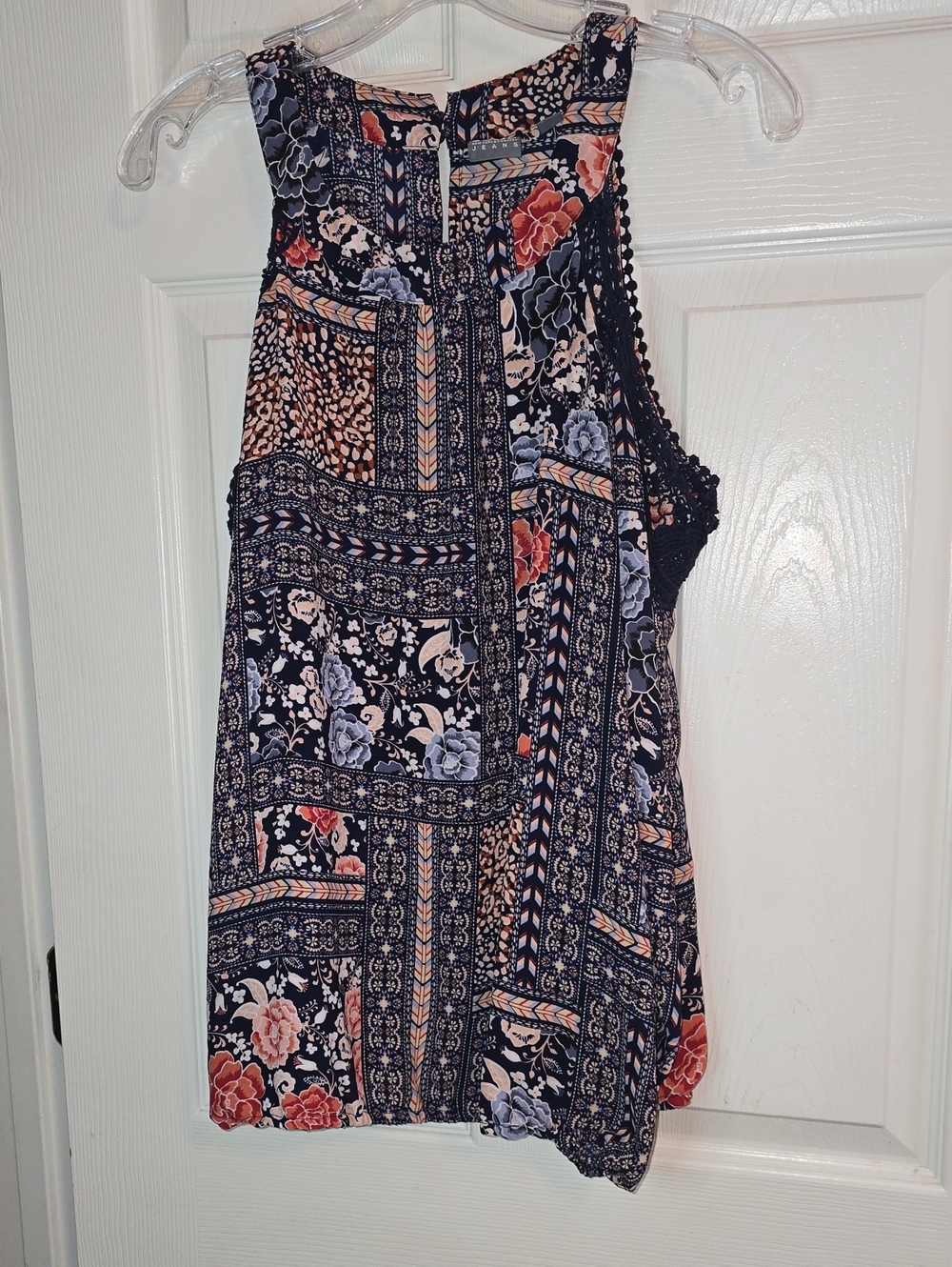 New York & Company Navy Floral & Rust Printed Cold Shoulder Blouse